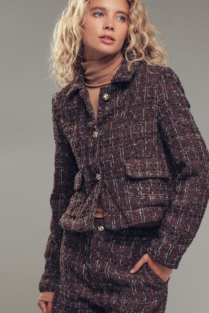 tweed button up jacket - brown