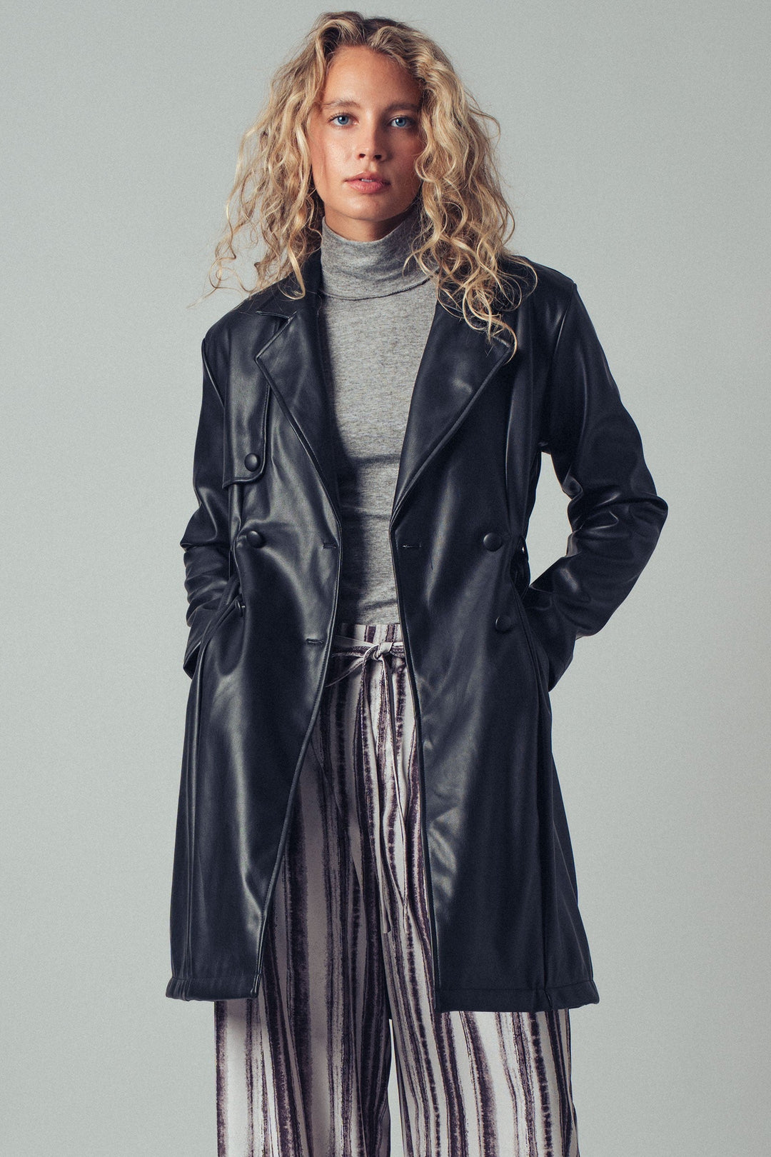 Faux Leather Double Breasted Belted Trench Coat