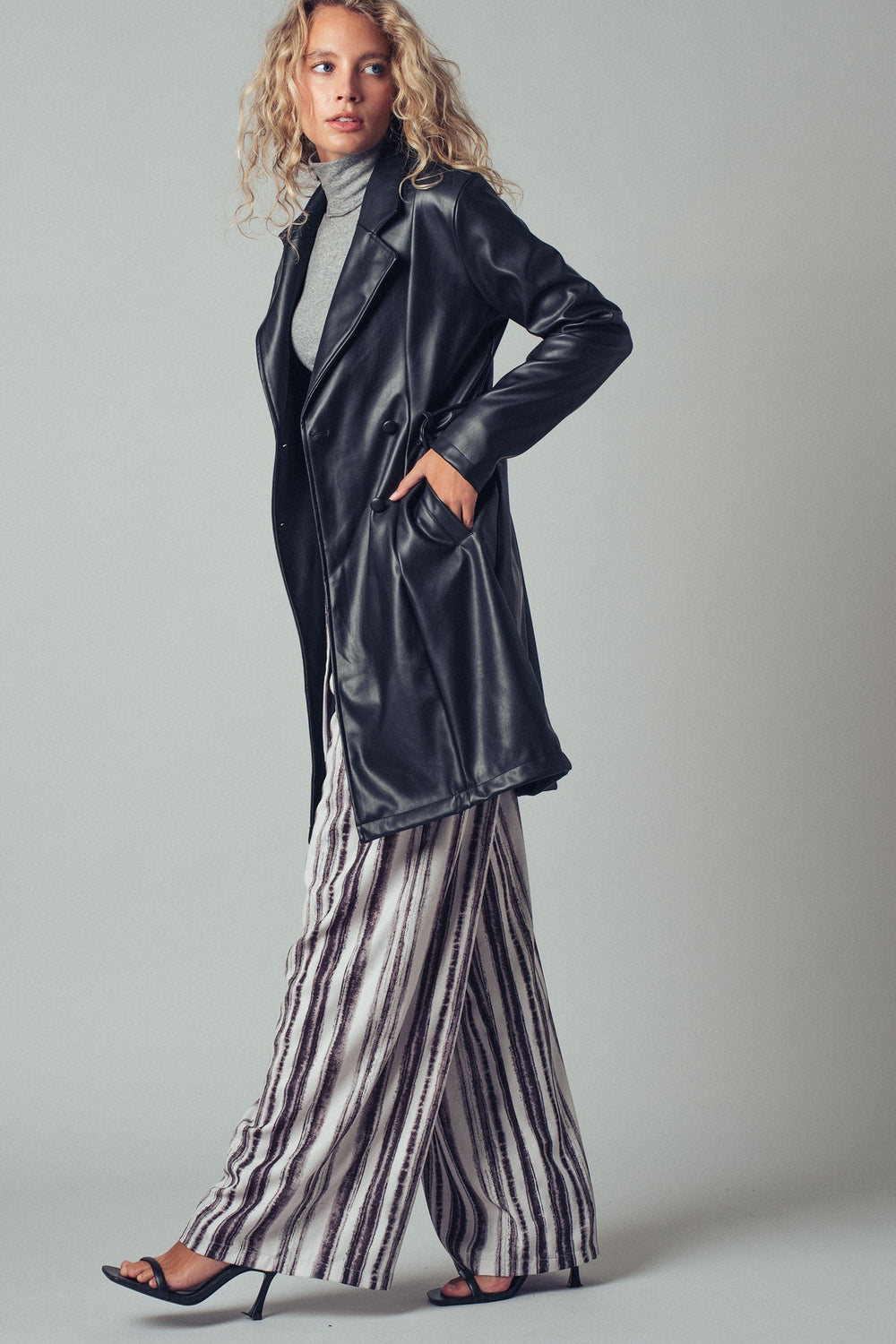 Faux Leather Double Breasted Belted Trench Coat, additional view