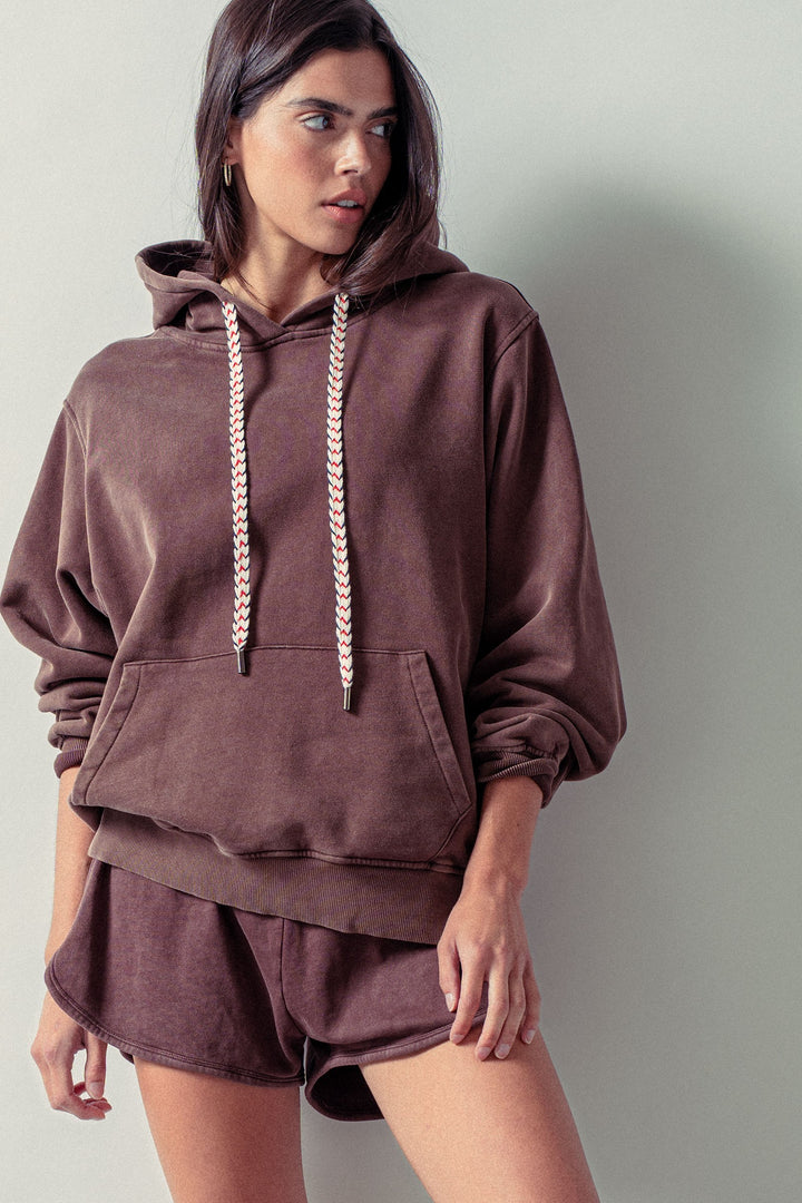 oversized hoodie w vintage washed brushed fabric - brown