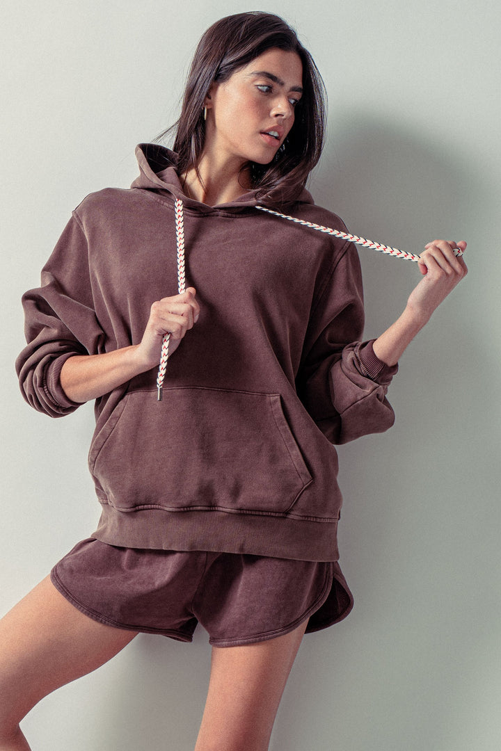 oversized hoodie w vintage washed brushed fabric - brown (additional view)