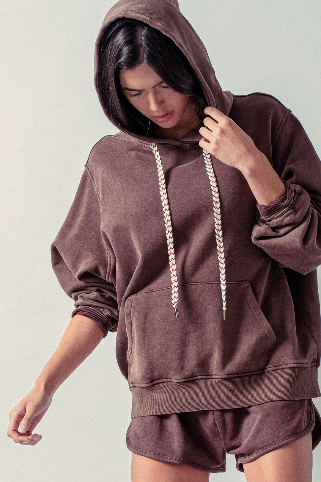 oversized hoodie w vintage washed brushed fabric - brown (additional view)