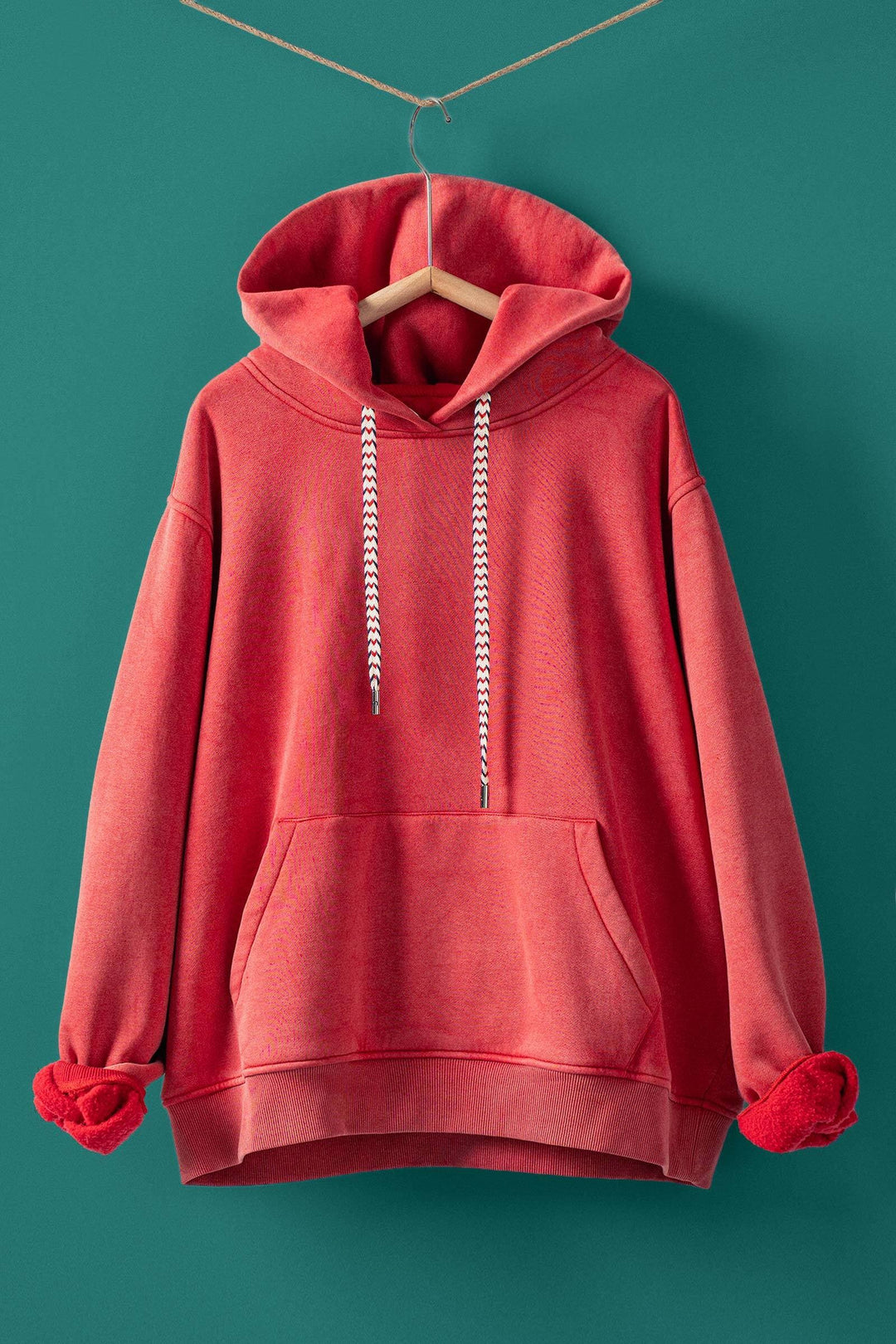 oversized hoodie w vintage washed brushed fabric - red (additional view)