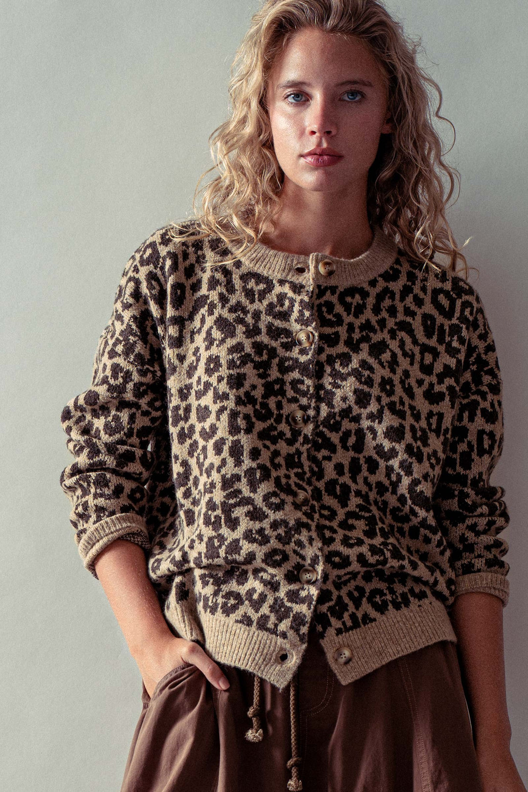 leopard jacquard cardigan - brown