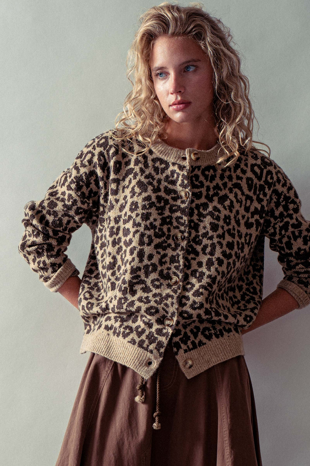 leopard jacquard cardigan - brown (additional view)