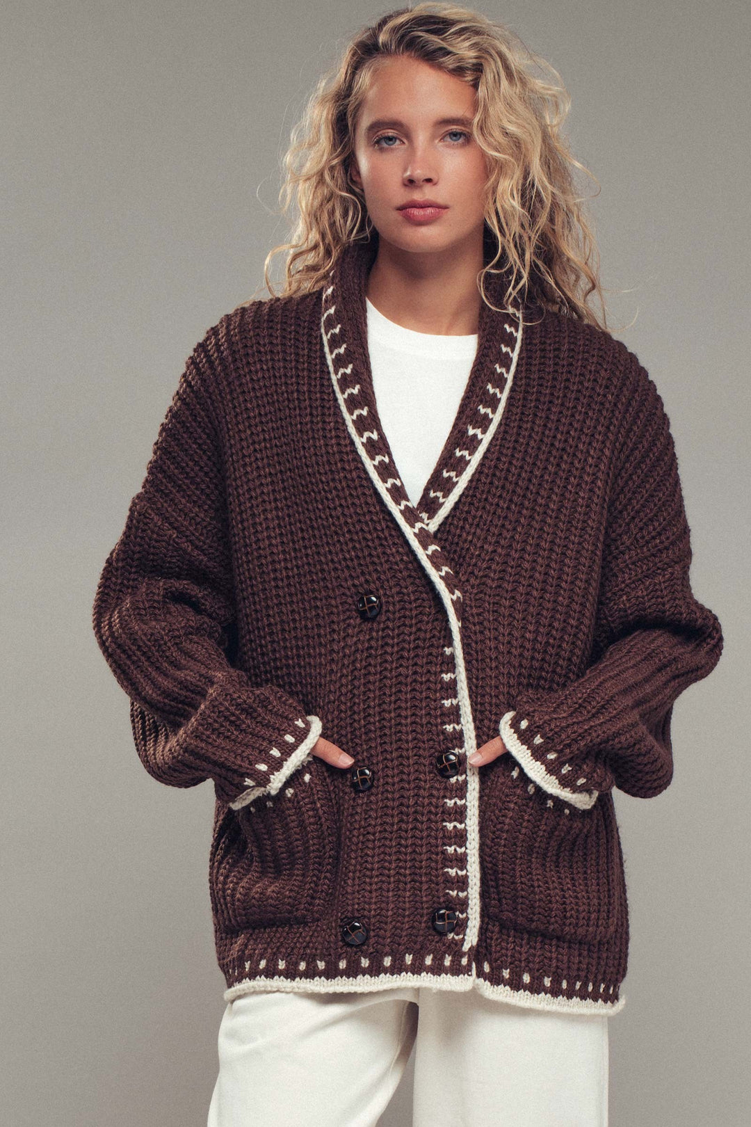 chunky knit cardigan sweater with stitch looks - brown