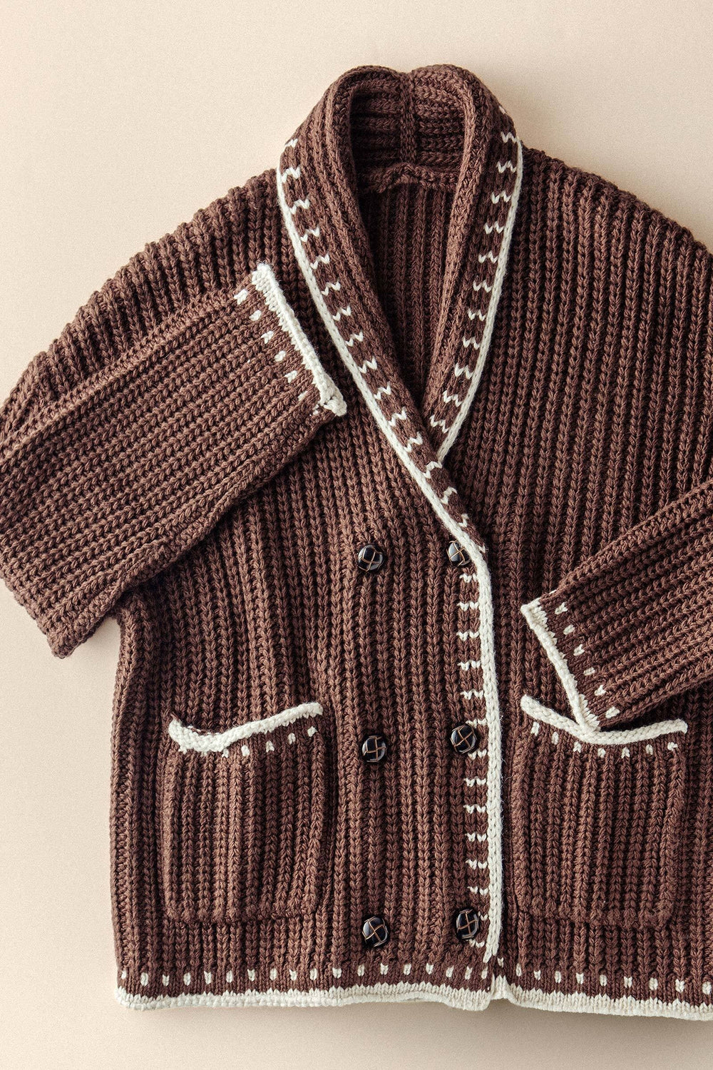 chunky knit cardigan sweater with stitch looks - brown (additional view)
