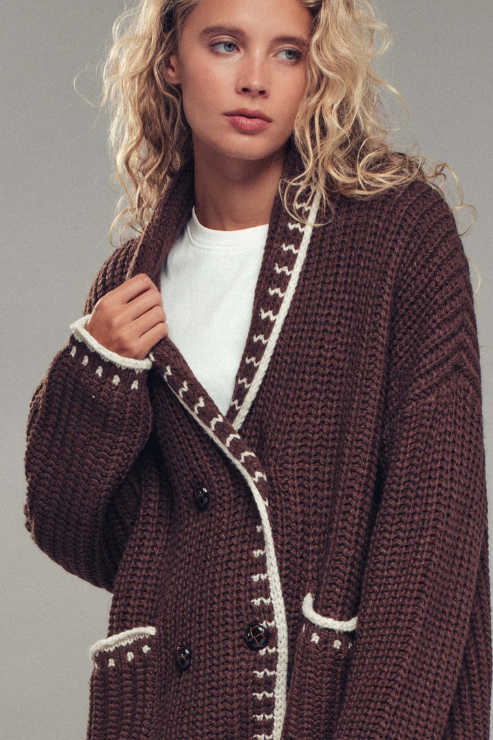 chunky knit cardigan sweater with stitch looks - brown (additional view)