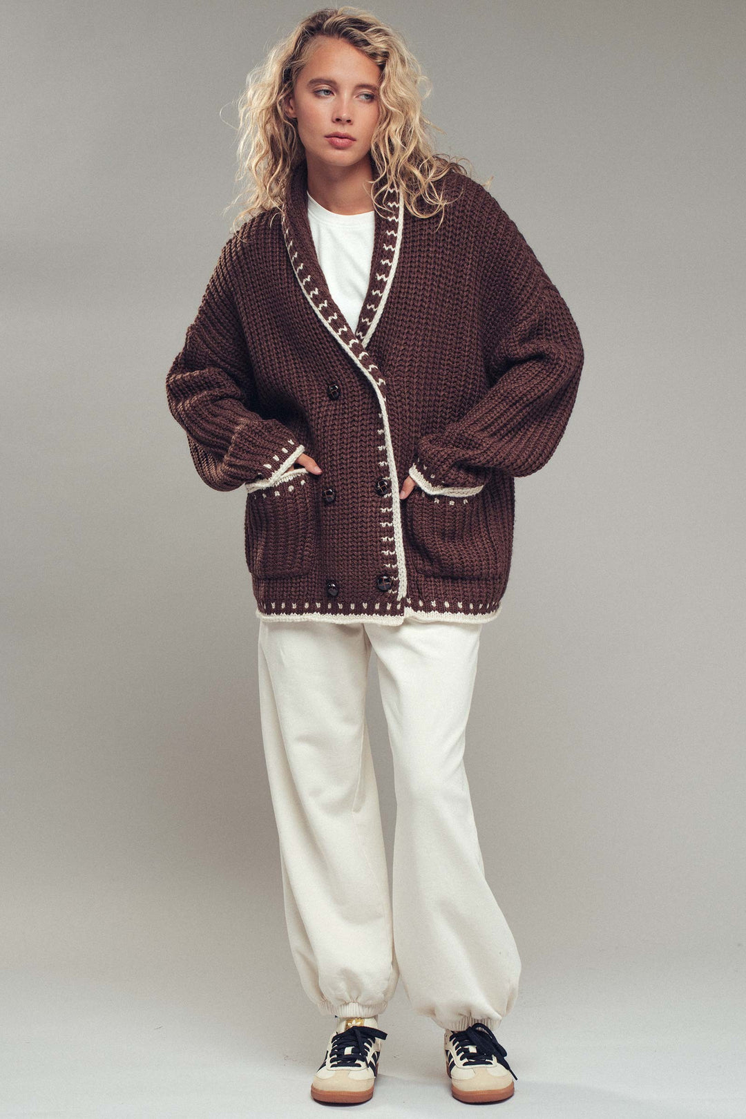 chunky knit cardigan sweater with stitch looks - brown (additional view)