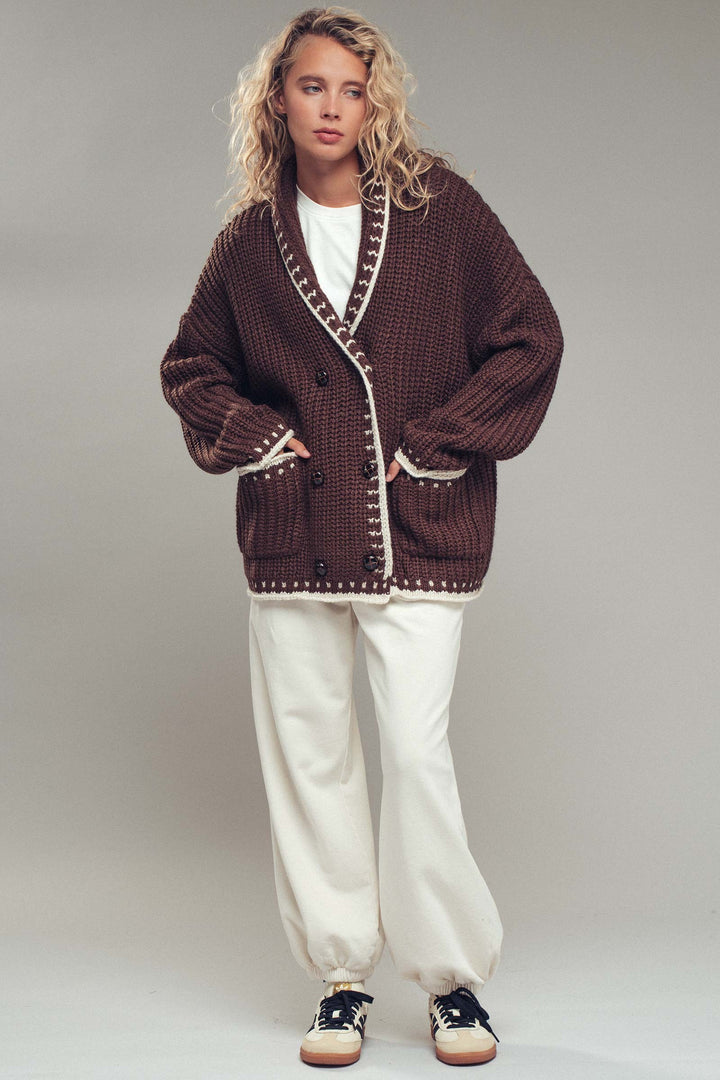 chunky knit cardigan sweater with stitch looks - brown (additional view)