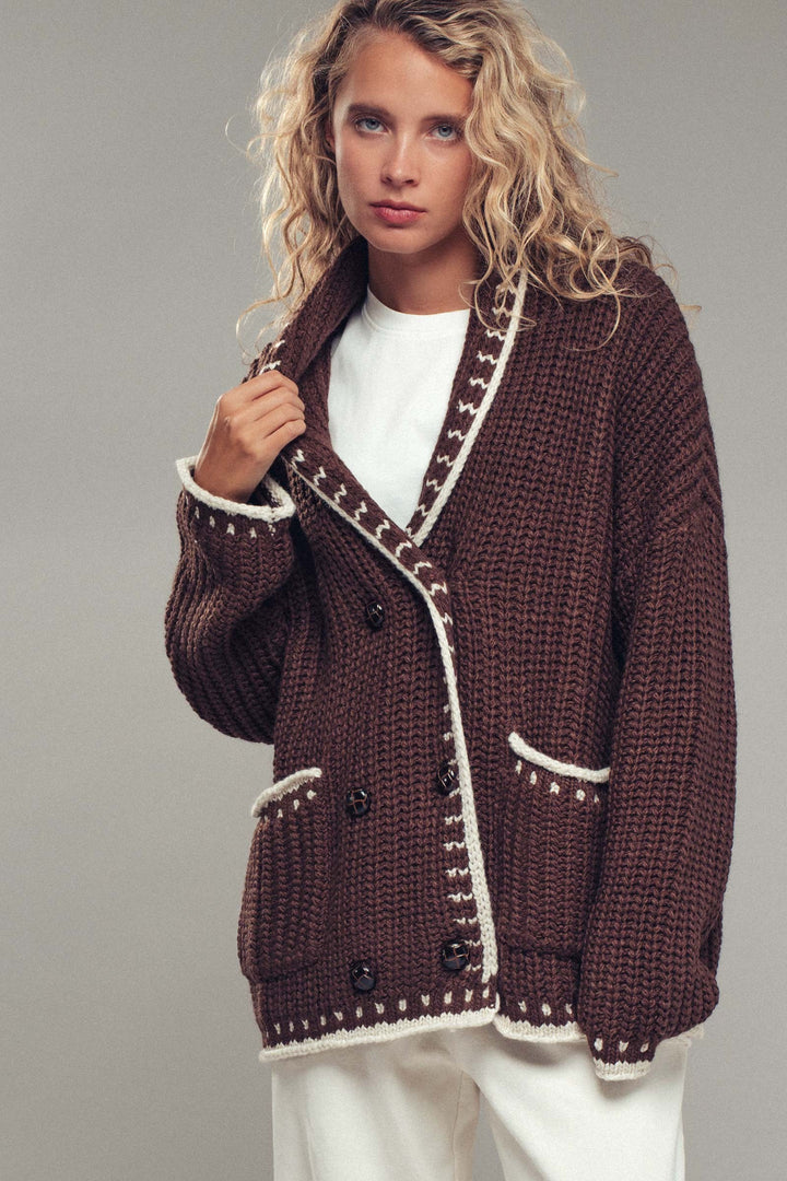 chunky knit cardigan sweater with stitch looks - brown (additional view)