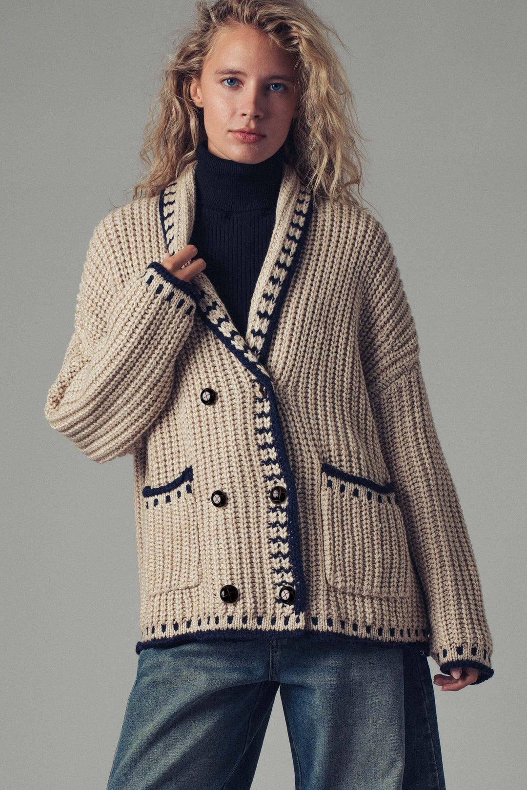 chunky knit cardigan sweater with stitch looks - taupe (additional view)