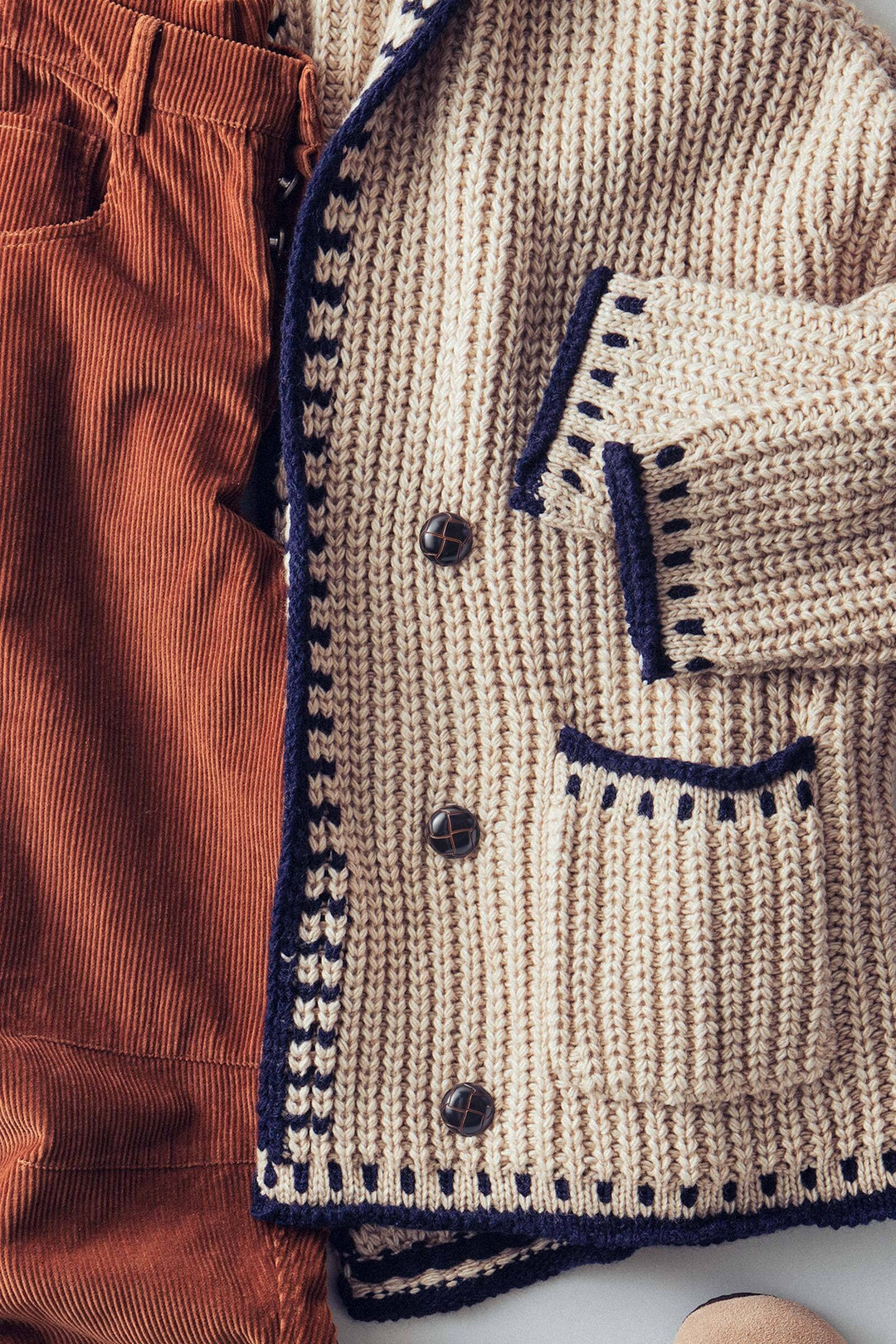 chunky knit cardigan sweater with stitch looks - taupe (additional view)