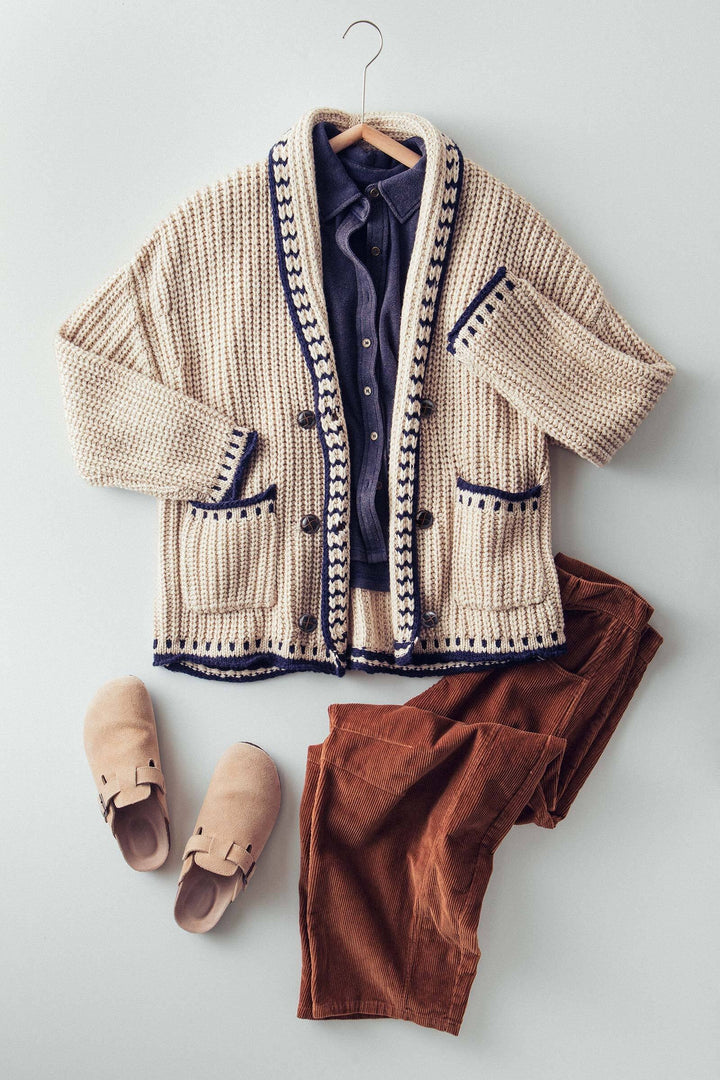 chunky knit cardigan sweater with stitch looks - taupe (additional view)