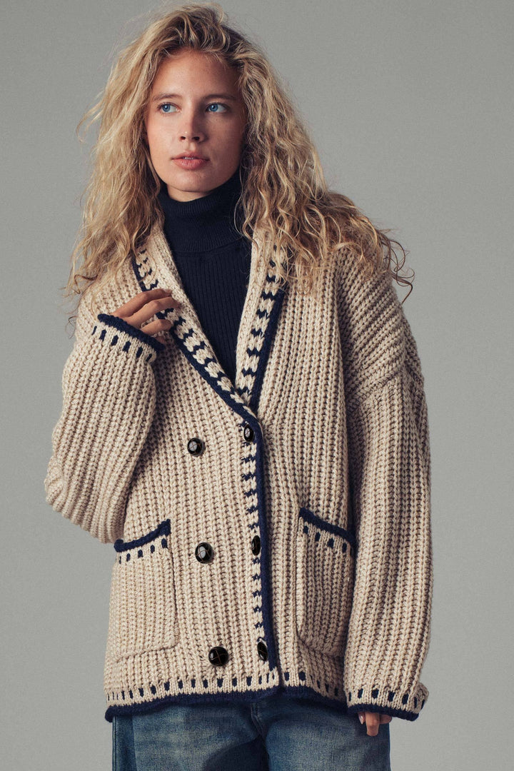 chunky knit cardigan sweater with stitch looks - taupe (additional view)