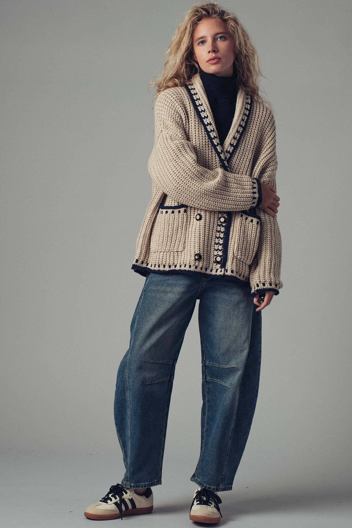 chunky knit cardigan sweater with stitch looks - taupe (additional view)