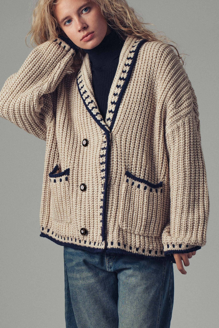 chunky knit cardigan sweater with stitch looks - taupe (additional view)