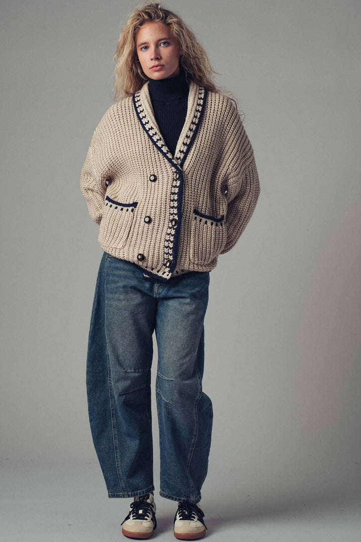 chunky knit cardigan sweater with stitch looks - taupe (additional view)