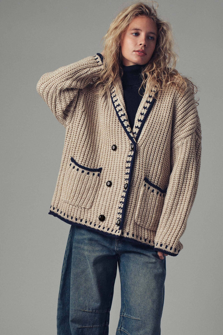 chunky knit cardigan sweater with stitch looks - taupe (additional view)