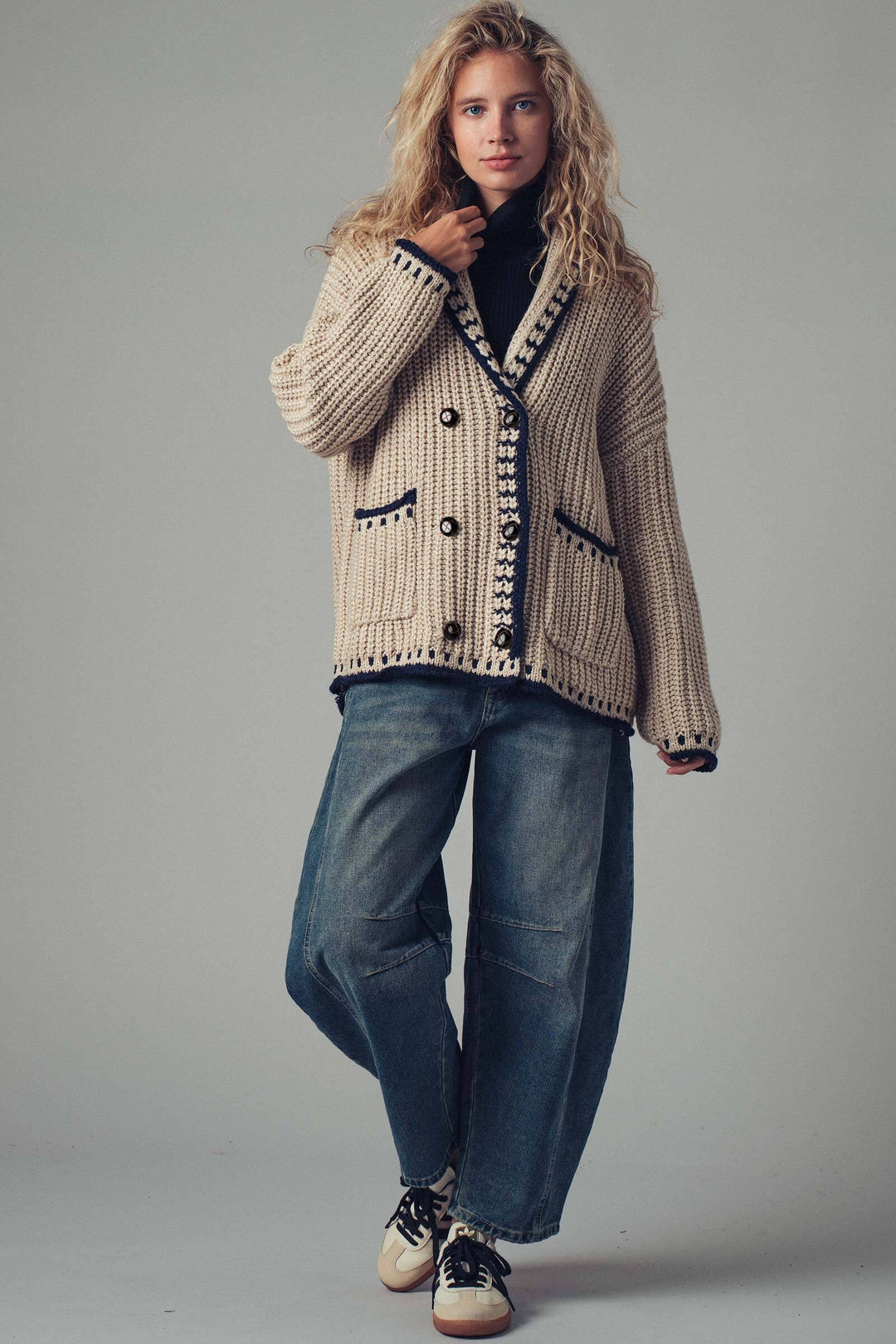 chunky knit cardigan sweater with stitch looks - taupe (additional view)