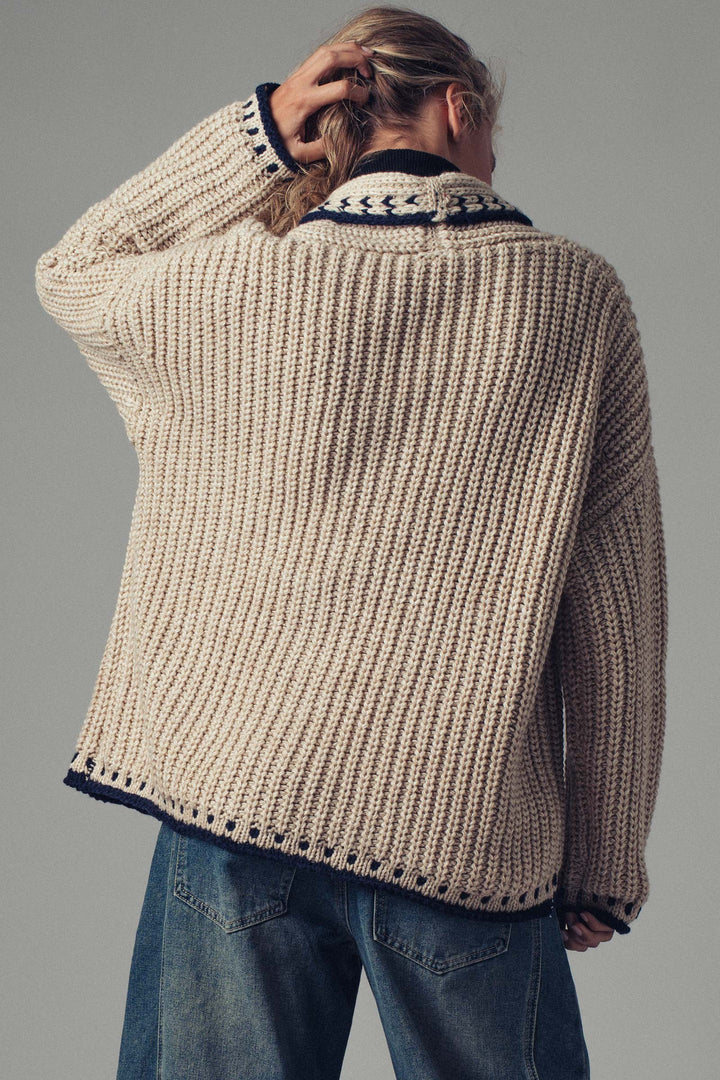 chunky knit cardigan sweater with stitch looks - taupe (additional view)