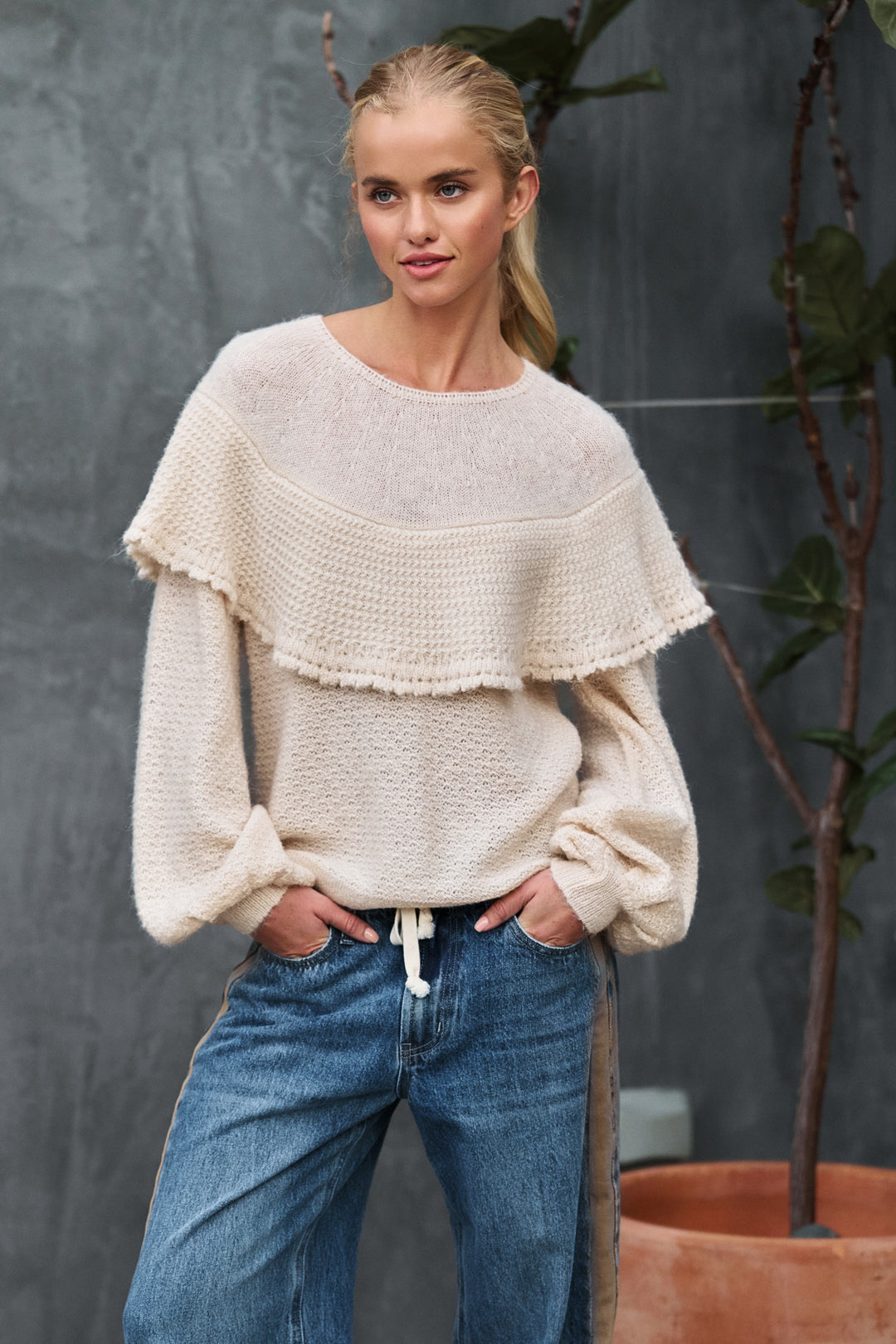 ruffle yoke knit sweater - natural