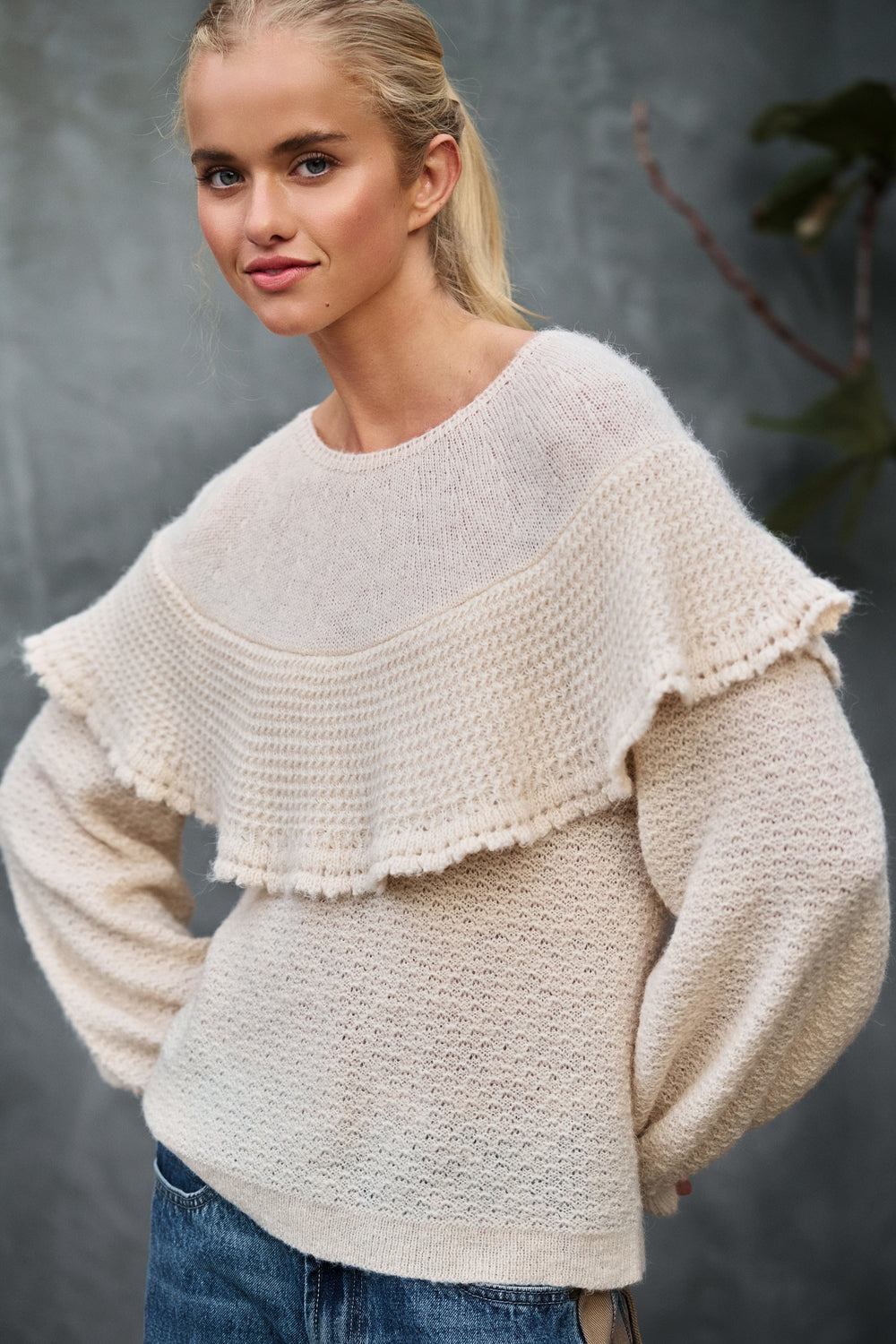 ruffle yoke knit sweater - natural (additional view)