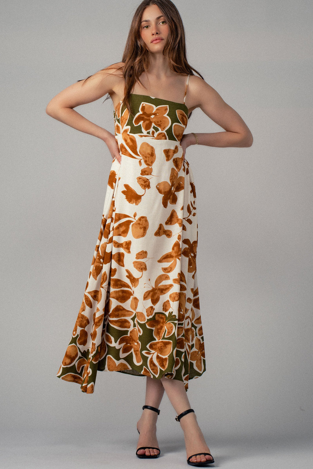 floral print maxi dress with spaghetti straps - taupe