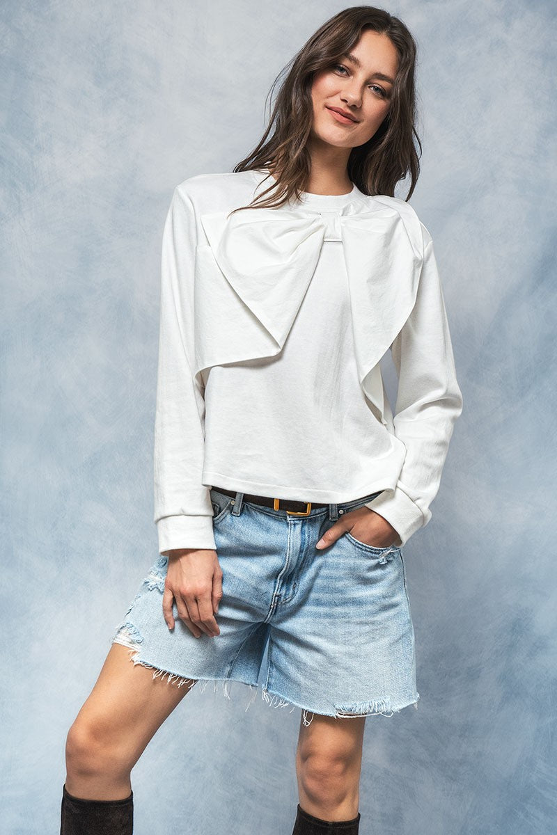statement bow overlay long sleeve top - ivory