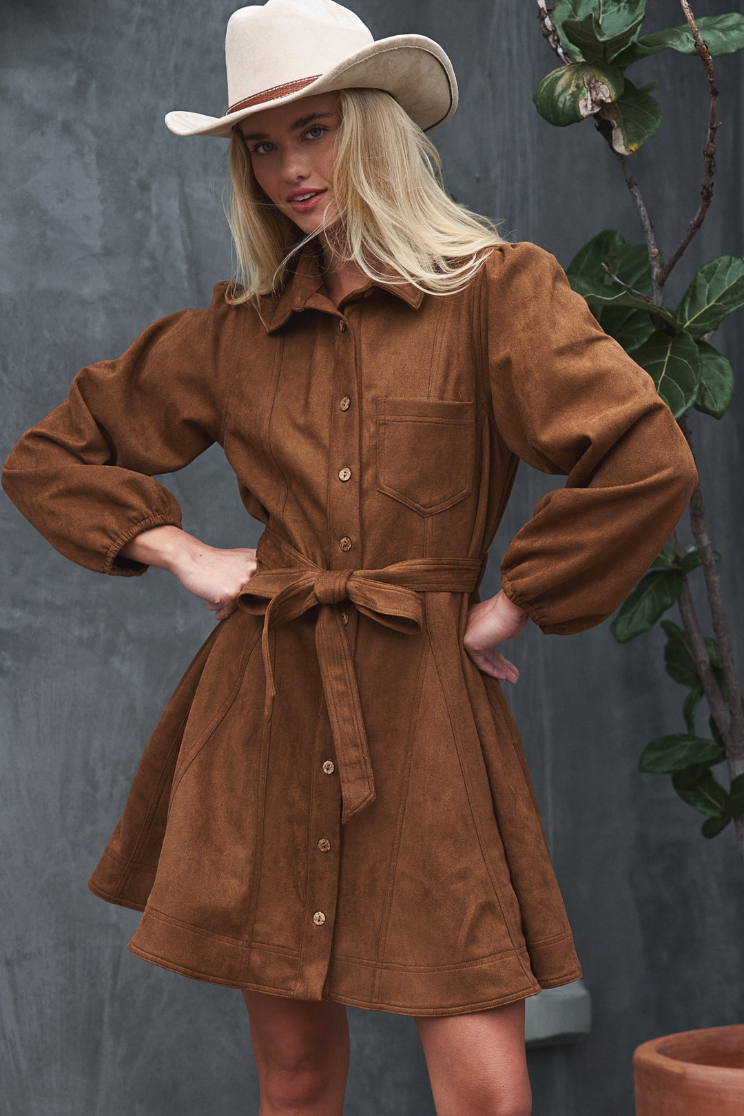 suede button down belted mini dress - camel
