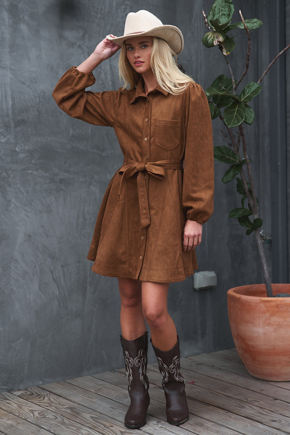 suede button down belted mini dress - camel (additional view)