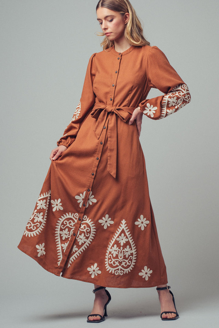 embroidered maxi dress - camel