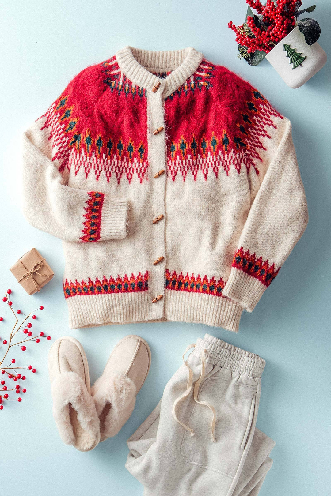 nordic pattern wool blend cardigan - red multi