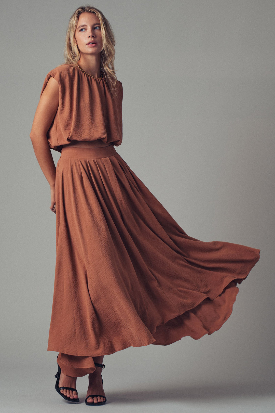 boho maxi skirt with flowy draped design - camel