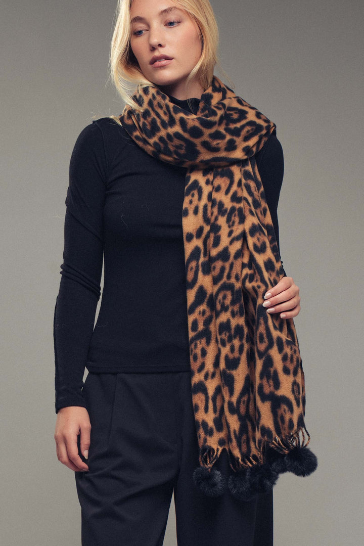 print pom trim scarf - brown (additional view)