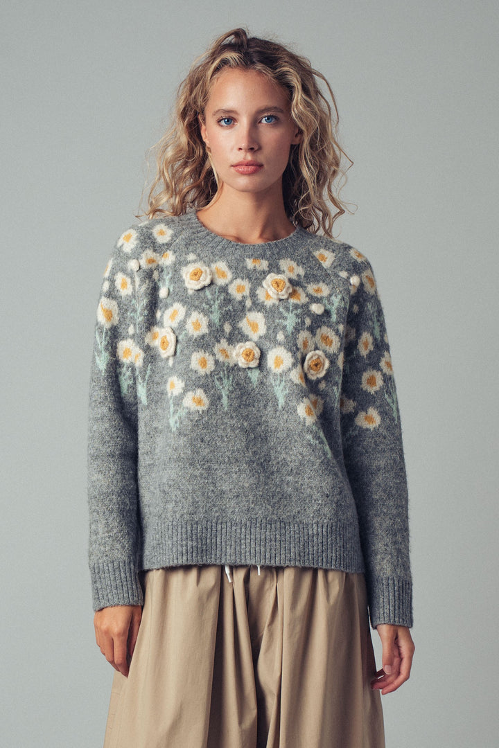embossed floral knit sweater - grey (additional view)