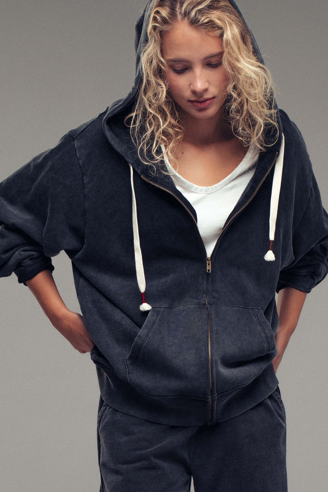 vintage washed oversized zip hoodie - black