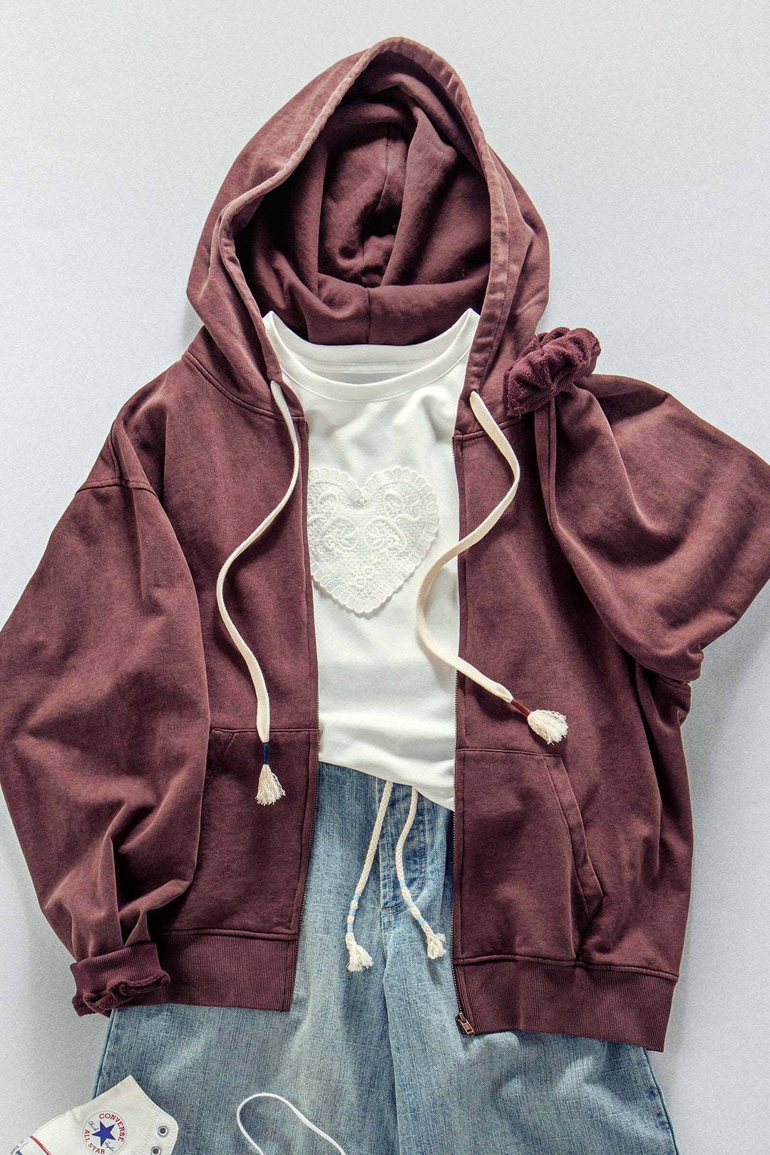 vintage washed oversized zip hoodie - brown