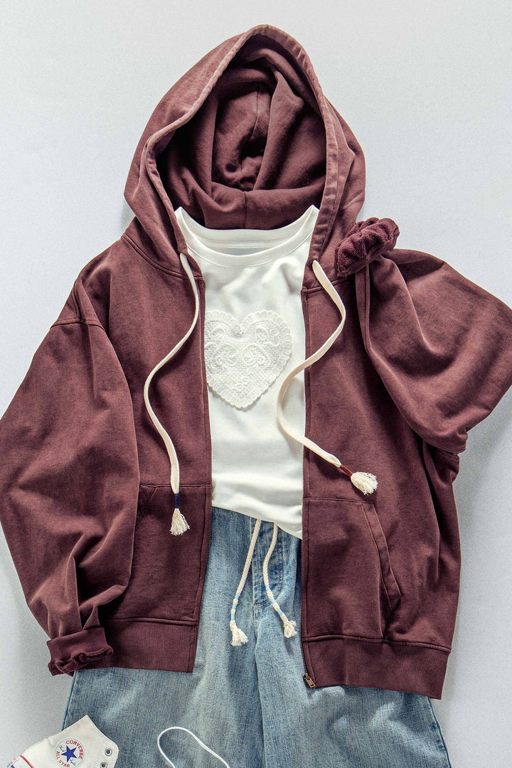 vintage washed oversized zip hoodie - brown
