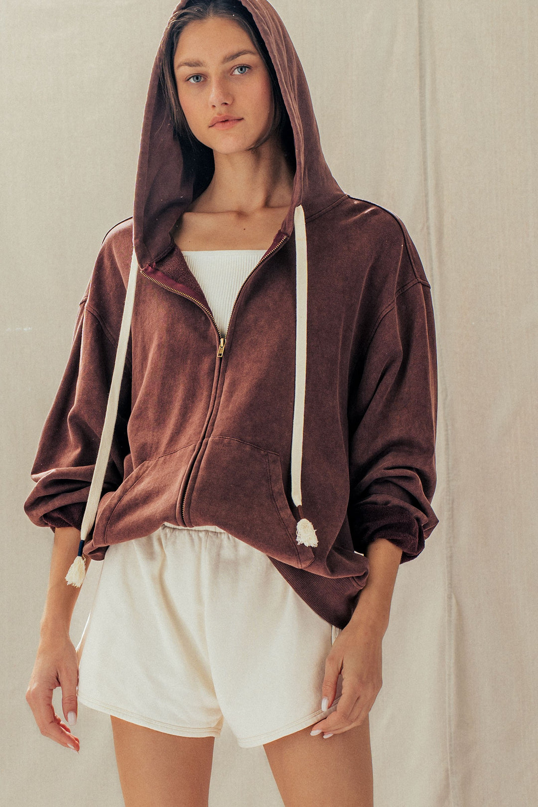 vintage washed oversized zip hoodie - brown (additional view)