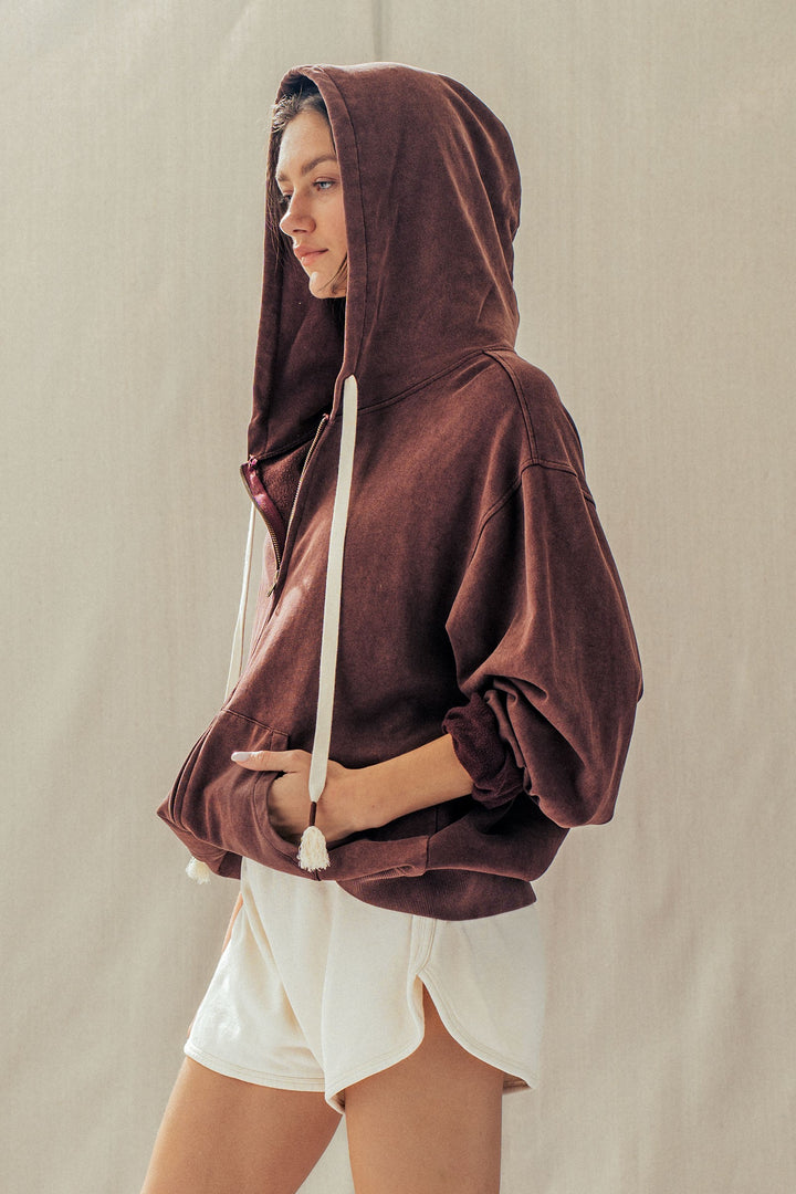 vintage washed oversized zip hoodie - brown (additional view)