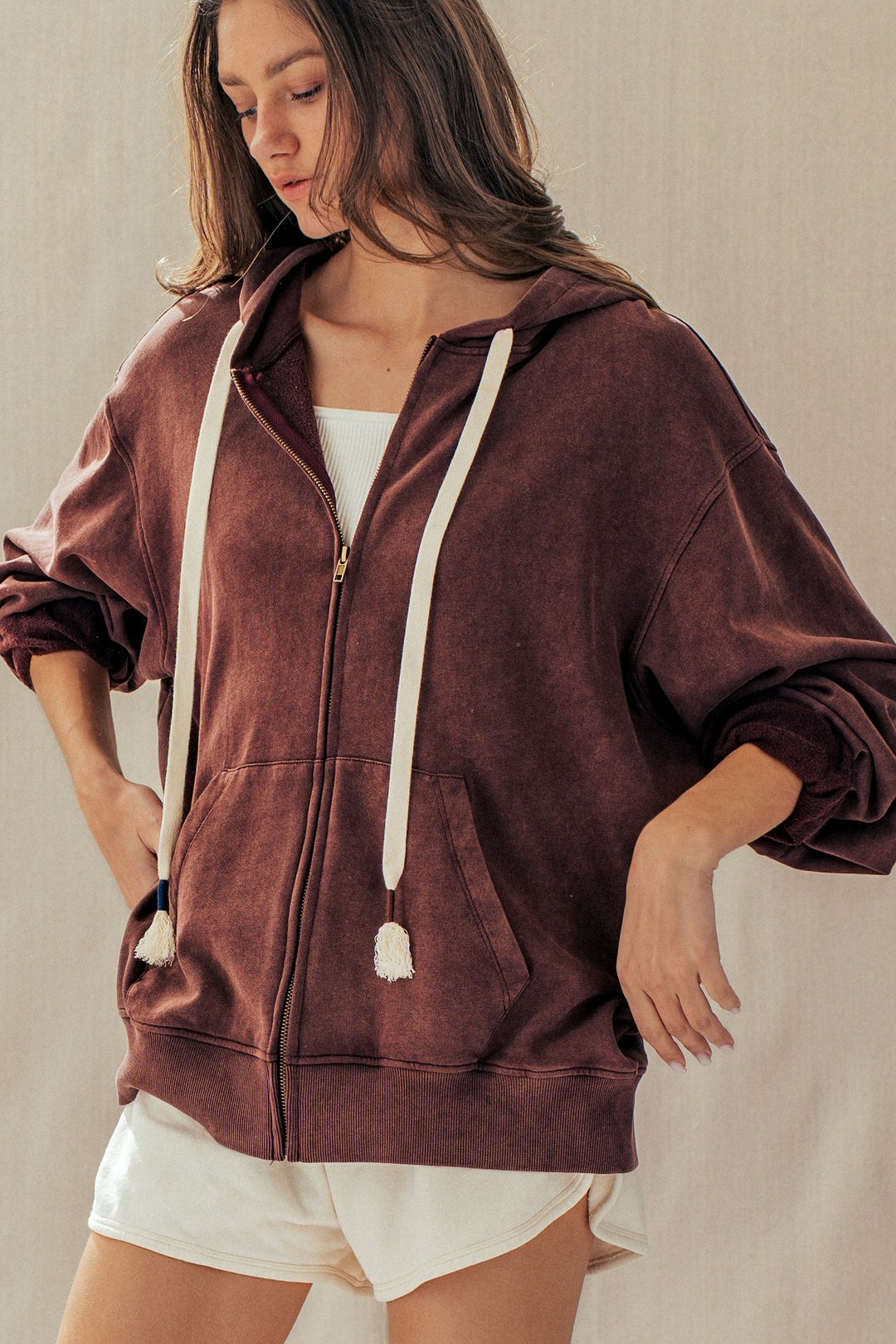 vintage washed oversized zip hoodie - brown (additional view)