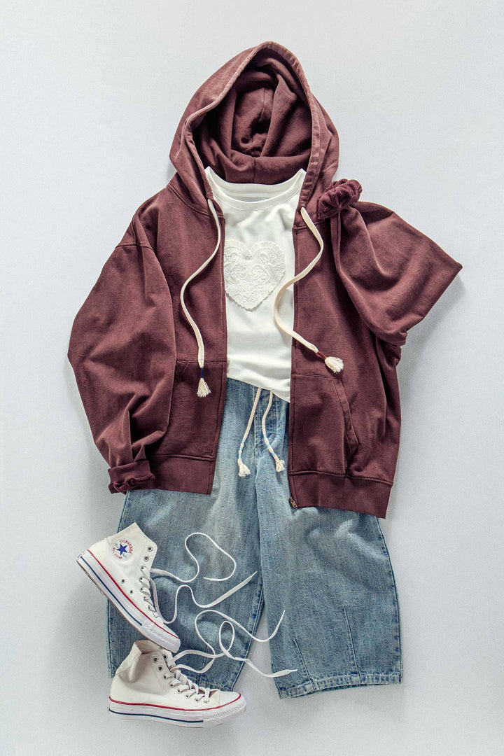 vintage washed oversized zip hoodie - brown (additional view)