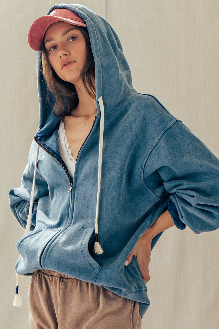 vintage washed oversized zip hoodie - french navy