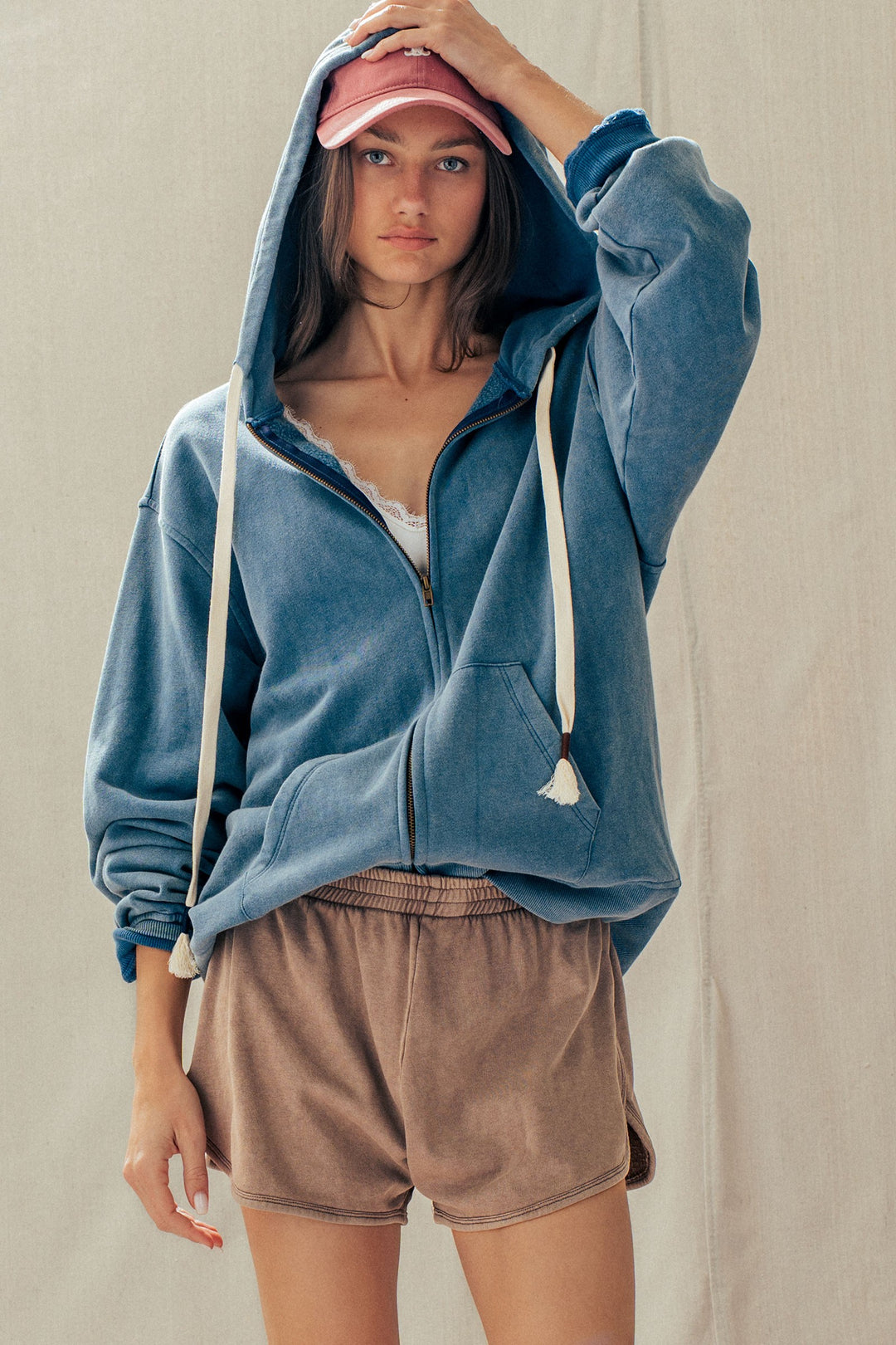 vintage washed oversized zip hoodie - french navy (additional view)