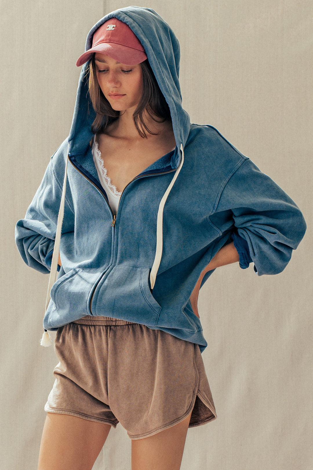 vintage washed oversized zip hoodie - french navy (additional view)