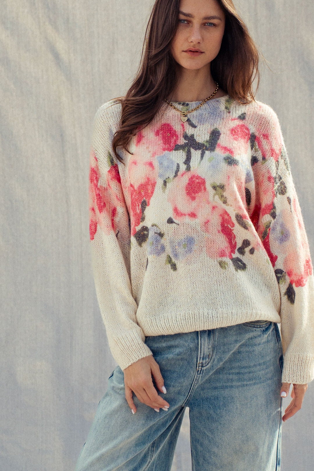 rosewater dream floral gold dust sweater - cream multi