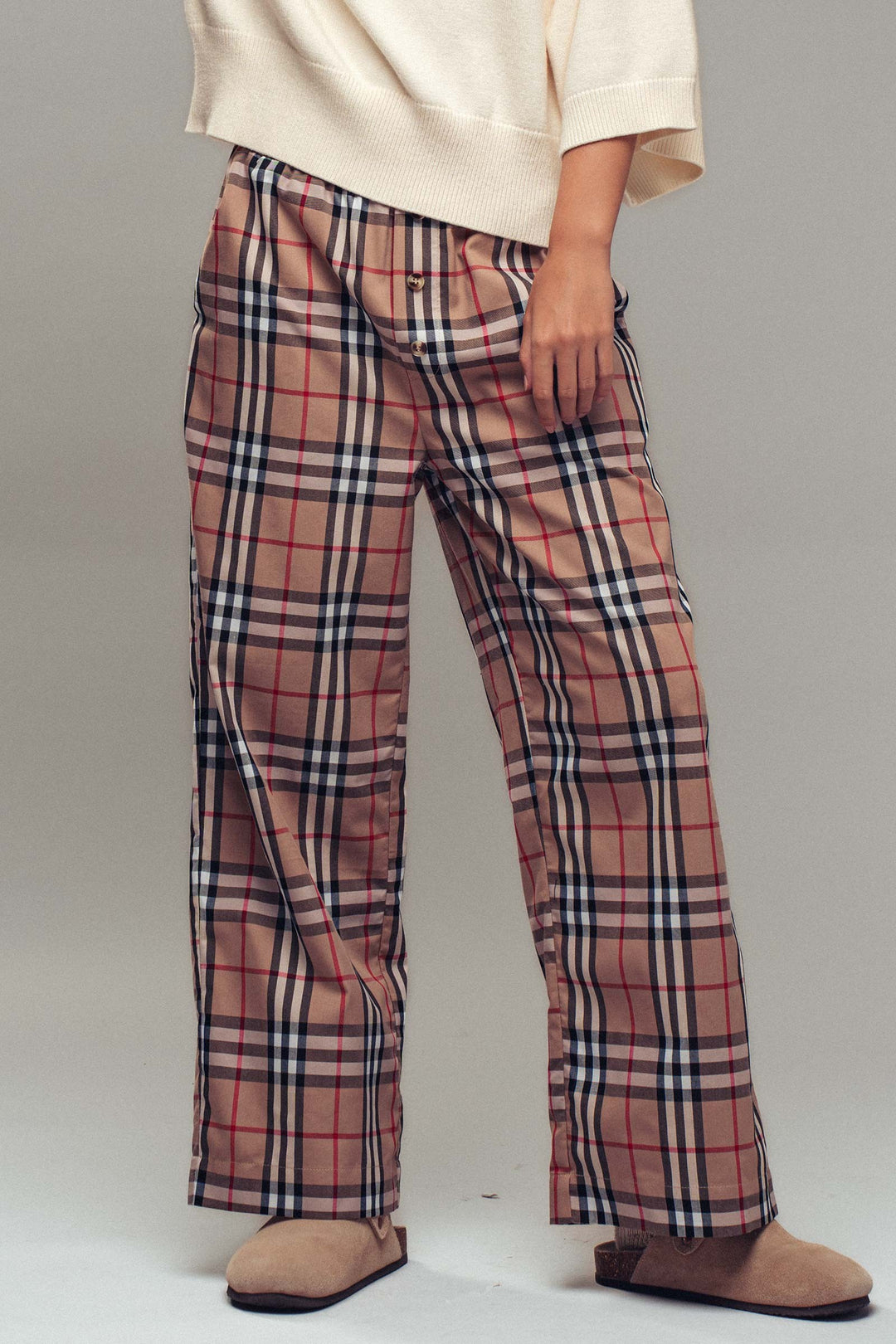 plaid wide leg pants - taupe