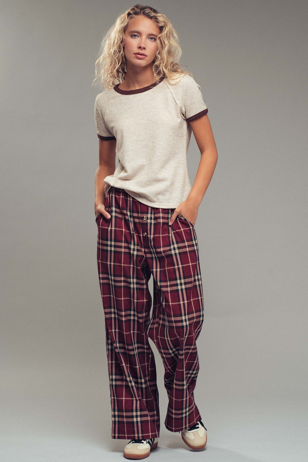 plaid wide leg pants - burgundy (additional view)