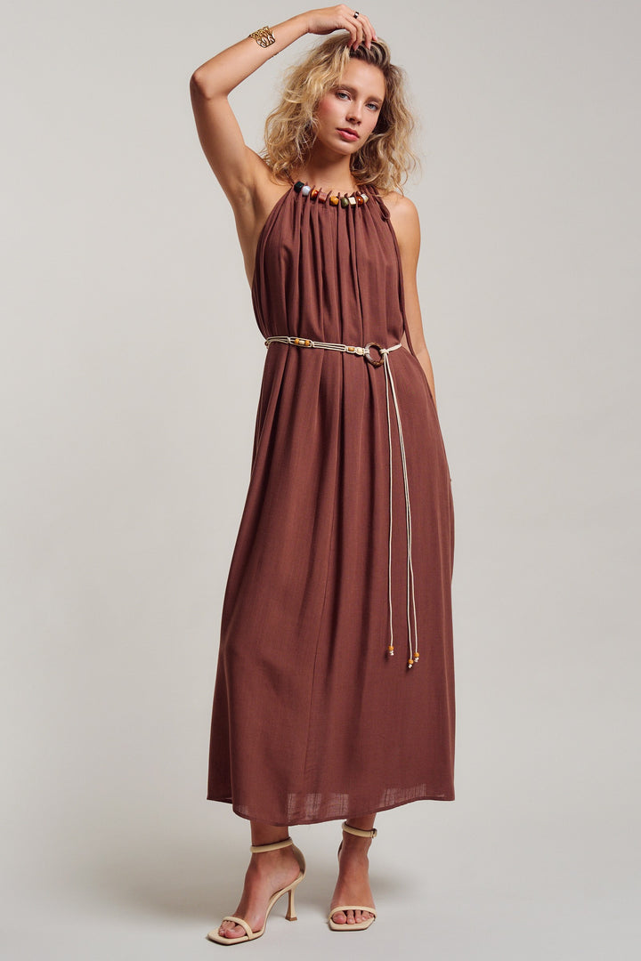 beaded halter neck linen maxi dress - brown (additional view)